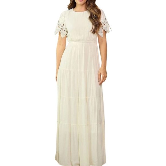 Polagram Dresses & Skirts - Polagram Cream Maxi Dress with Crochet Sleeves